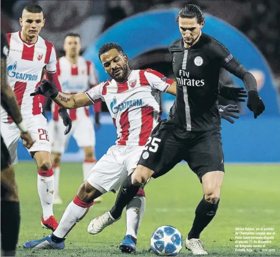  ?? FOTO: GETTY ?? Adrien Rabiot, en el partido de Champions League que el Paris Saint-Germain disputó el pasado 11 de diciembre en Belgrado contra el Estrella Roja