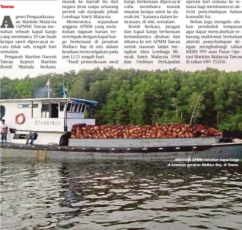  ??  ?? ANGGOTA APMM menahan kapal kargo di kawasan perairan Wallace Bay, di Tawau.