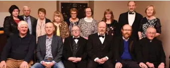  ??  ?? The winning groups in the confined section of the 6th North Cork Drama Festival with adjudicato­r Pat Nolan and festival dirctor Dermot Cregg and Very Rev. Donal Canon O’Mahony and members of the organising committee.