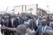  ?? — Reuters ?? South Sudan’s President Salva Kiir is welcomed by supporters on his return from peace talks in Kampala at the Juba Airport, South Sudan.