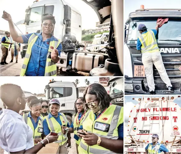  ?? — AFP photos ?? (Clockwise from top left) Checking her truck’s oil level before the start of the workday. • Cleaning the windshield of her truck before the start of the workday. • Janet Adu, one of Ladybird Logistics’ 21 female drivers, poses while she waits to load a truck with fuel. • Lady truck drivers talk and laugh at Ladybird Logistics’ truck garage before the start of the workday in Takoradi.