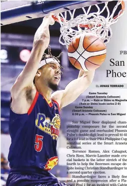  ?? (Rio Leonelle Deluvio) ?? TAKE THAT – Rain or Shine’s Gabe Norwood slams one home against Magnolia in Game 2 of the PBA Philippine Cup semifinals last Sunday at the Smart Araneta Coliseum. ROS won 93-80 to take a 2-0 lead in the best-of-7 series.