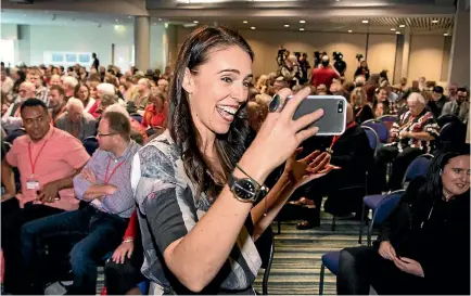  ?? MAARTEN HOLL/STUFF ?? Jacinda Ardern live streaming before her address at the Labour Party congress at Te Papa.