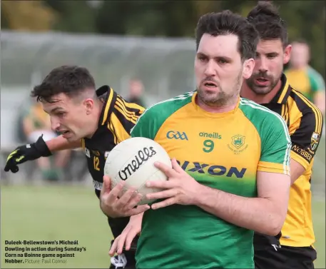  ?? Picture: Paul Connor ?? Duleek-Bellewstow­n’s Micheál Dowling in action during Sunday’s Corn na Boinne game against Nobber.