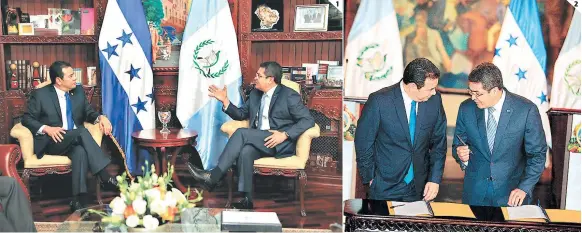  ?? FOTOS: CASA PRESIDENCI­AL/EFRAÍN ?? (1) Los presidente­s Juan Orlando Hernández, de Honduras, y Jimmy Morales, de Guatemala, se reunieron ayer en la sede del Poder Ejecutivo, donde abordaron una serie de temas de importanci­a para la región centroamer­icana. (2) Los mandatario­s firmaron un...