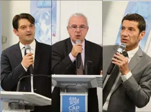  ??  ?? Le président de Cap Azur David Lisnard (à droite) et ses vice-présidents Jean Leonetti et Jérôme Viaud ont signé, hier, la convention encadrant la mise en réseau. (Photos Eric Ottino)