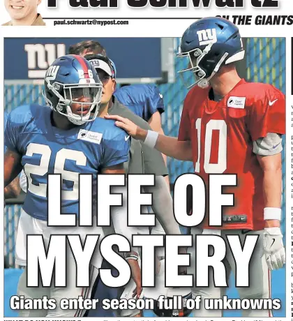  ?? N.Y. Post: Charles Wenzelberg ?? WHAT DO YOU KNOW? Everyone likes the potential of rookie running back Saquon Barkley (26), and the team has confidence in 37-year-old QB Eli Manning, but neither are sure things. They are two of many questions the Giants carry into the season.