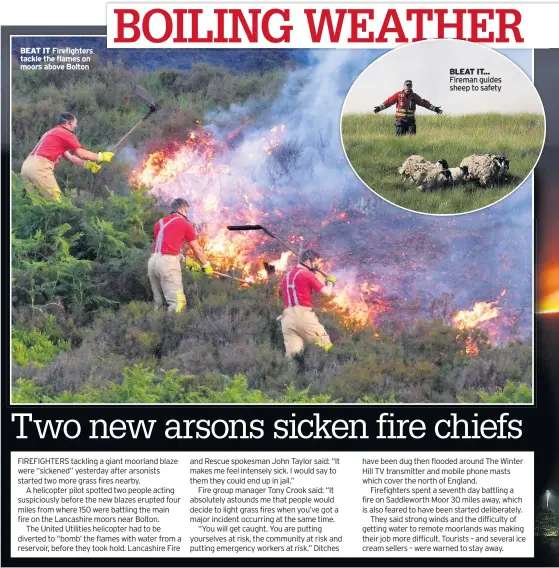  ??  ?? BEAT IT Firefighte­rs tackle the flames on moors above Bolton BLEAT IT... Fireman guides sheep to safety