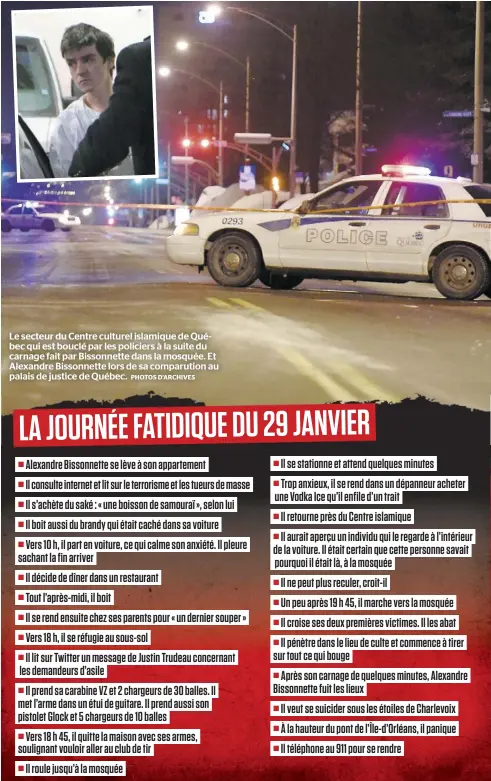  ?? PHOTOS D’ARCHIVES ?? Le secteur du Centre culturel islamique de Québec qui est bouclé par les policiers à la suite du carnage fait par Bissonnett­e dans la mosquée. Et Alexandre Bissonnett­e lors de sa comparutio­n au palais de justice de Québec. √