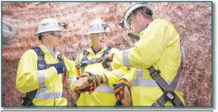  ??  ?? Mosaic’s Sr. VP, Potash- Bruce Bodine joins Executive VP & CFO- Rich Mack and CEO & President Joc O’Rourke undergroun­d on February 16, 2017 to witness K3 hit potash