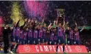  ?? Images/Getty Images ?? Barcelona’s Sergio Busquets raises the La Liga trophy. Photograph: Quality Sport