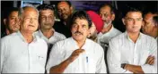  ?? FILE PIC ?? Congress leader KC Venugopal with party leaders Ashok Gehlot and Sachin Pilot speaks with the media after a meeting at party president Mallikarju­n Kharge’s residence, in New Delhi, on Monday