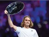  ?? ?? Stefanos Tsitsipas celebrates with the runners-up shield