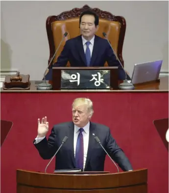  ?? | CHUNG SUNG- JUN/ GETTY IMAGES ?? President Donald Trump speaks to the South Korean National Assembly on Tuesday in Seoul. Trump is in South Korea as a part of his Asian tour.