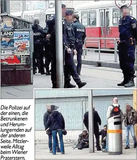  ??  ?? Die Polizei auf der einen, die Betrunkene­n und Herumlunge­rnden auf der anderen Seite. Mittlerwei­le Alltag beim Wiener Praterster­n.