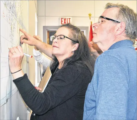  ?? KATHY JOHNSON ?? Dr. Katie Cottreau-Robins marks on a map a potential location for archaeolog­ical research pointed out by Eric Shand, Shag Harbour, during the Fort St. Louis presentati­on on May 19 in Barrington.