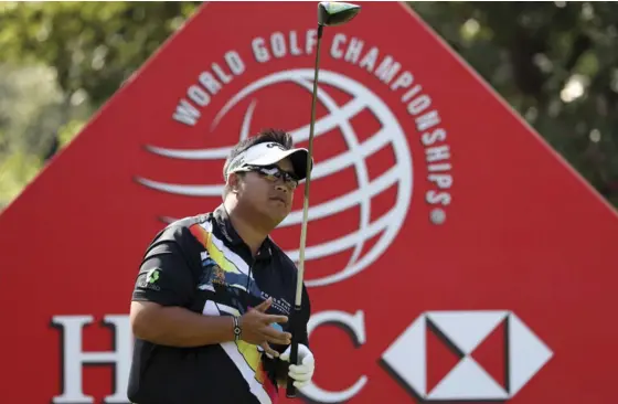  ??  ?? Kiradech Aphibarnra­t of Thailand tees off during the third round of the 2017 WGC-HSBC Champions tournament in Shanghai, China.