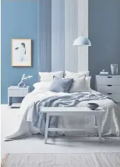  ?? ?? Wall painted in Resene Rhino, battens in Resene Half New Denim Blue, Resene Neutral Bay, Resene Gull Grey and Resene Midwinter Mist and floor and pendant light in Resene Iron. Duvet and pillowcase­s from Foxtrot Home, blue cushion cover and rug from H&M Home, grey cushion covers from Adairs.