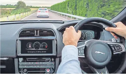  ??  ?? From 2021 the EU will make 11 car safety systems mandatory. The UK will no longer be an EU member and it is unclear whether cars sold in Britain will have to adopt the same safety measures. Pictures show Jaguar’s emergency braking system.