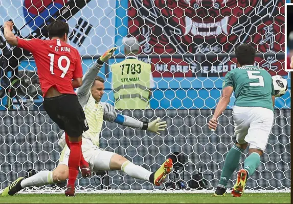  ?? — AP ?? Painful to watch: South Korea’s Kim Young-gwon (left) scoring the first goal past Germany goalkeeper Manuel Neuer as Mats Hummels looks on. Inset: Germany coach Joachim Loew reacting.
