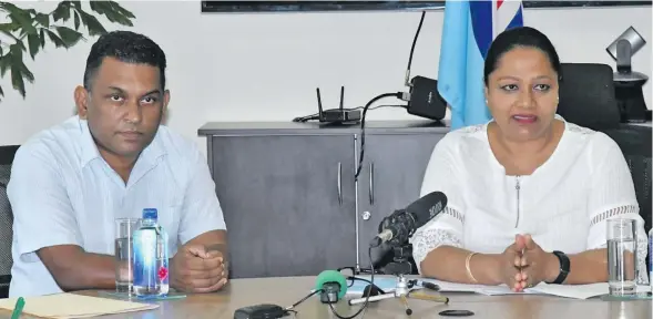  ?? Photo: DEPTFO ?? Minister for Industry, Trade, Tourism, Local Government, Housing and Community Developmen­t Premila Kumar with Suva City Council acting chief executive officer Azam Khan during a press conference in Suva on December 22, 2019.