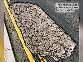  ?? ?? The Shobnall Road pothole as pictured by Barry Martin