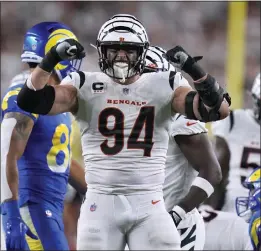  ?? MICHAEL CONROY — THE ASSOCIATED PRESS ?? Bengals defensive end Sam Hubbard celebrates stopping the Rams on a third-down play during the second half of Monday night's game at Cincinnati.