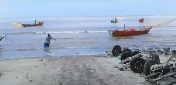  ??  ?? A fisherman brings a bucket full of ‘bubuk’ onshore at Batu Satu Lutong Beach.