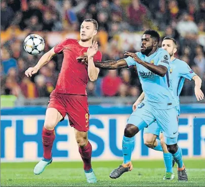  ?? FOTO: EFE ?? La pasividad de Umtiti en el gol de Dzeko fue alarmante Los jugadores no dieron la talla en el Olímpico de Roma