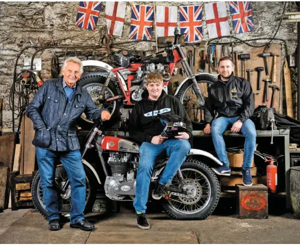  ??  ?? ABOVE: From left to right: grandad Harold, Jack and Ben in the workshop of Raysons, who made the exhaust for Jack’s bike