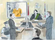  ?? ALEXANDRA NEWBOULD ?? In this artist’s sketch, Bruce McArthur, top, appears via video, as his lawyer Calvin Rosemond, left, speaks and Justice Wendy Agnew, second right, and Crown attorney Michael Cantlon, right, look on in court in Toronto on Wednesday.