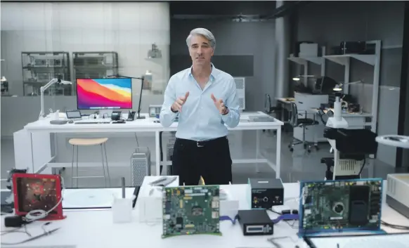  ?? EPA ?? Apple’s senior vice president of software engineerin­g Craig Federighi explains at the online event how its Big Sur software is optimised for the new M1 chip