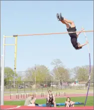  ?? TIMES photograph by Annette Beard ?? Pea Ridge boys Caleb Neil, Drake Wolfenden, Phoenix Edmisson and Elijah Wiggins came in first, second, third and fifth respective­ly in the pole vault Friday, April 9, in the Blackhawk Relays.