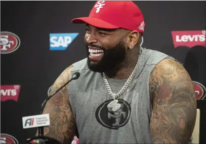  ?? KARL MONDON — STAFF ARCHIVES ?? San Francisco 49ers offensive tackle Trent Williams answers questions at training camp in 2021at Levi's Stadium in Santa Clara. Teammate Fred Warner calls Williams “a freak athlete,” noting, “He has the feet of a ballerina, but then the upper body strength of, like, a gorilla.”