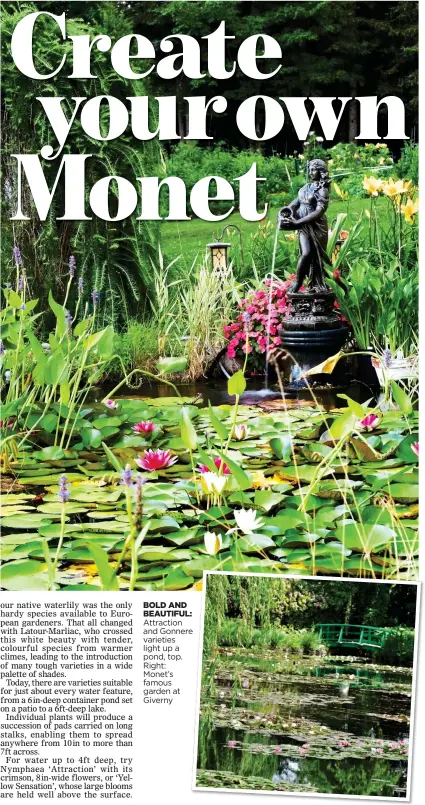  ??  ?? BOLD AND BEAUTIFUL: Attraction and Gonnere varieties light up a pond, top. Right: Monet’s famous garden at Giverny