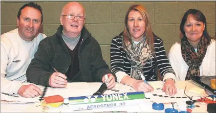  ?? PICTURE: JOHN REIDY ?? Clerks of the court: Mark Loughnane (left) pictured with John ‘Junior’ Griffin, Margaret Heaphy and Kate Lawler keeping track of events at the annual Listowel Badminton Club Invitation Tournament at Listowel Community Centre on Saturday afternoon.