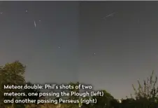  ??  ?? Meteor double: Phil’s shots of two meteors, one passing the Plough (left) and another passing Perseus (right)