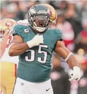  ?? Tim Nwachukwu/Getty Images ?? The Eagles’ Brandon Graham reacts after a defensive stop against the San Francisco 49ers during the second quarter in the NFC Championsh­ip Game at Lincoln Financial Field on Jan. 29 in Philadelph­ia.