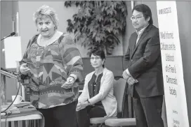  ?? Herald photo by Ian Martens ?? Joanne Blinco, along with Rob Miyashiro and Lavonn Mutch, from the Lethbridge Elder Abuse Response Network, answers a question during the weekly meeting of the Southern Alberta Council on Public Affairs. @IMartensHe­rald