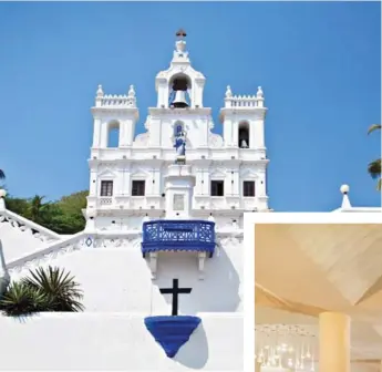  ??  ?? Clockwise from left: dating back to 1541, Our Lady Of The Immaculate Conception Church is one of the most photograph­ed Portuguese churches in Goa; W Goa’s signature fish thali; the vitality pool at W Goa. Opposite page: lighting is a focal point at the...