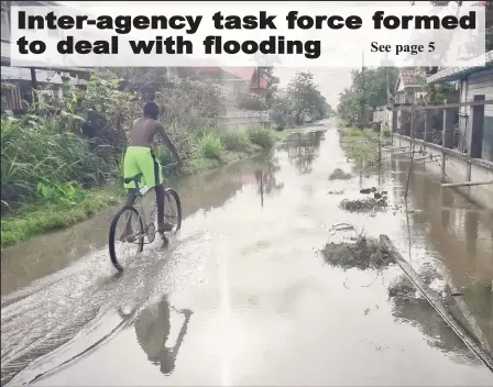  ??  ?? Running errands:
This lad was riding through one of several flooded streets in Patentia, West Bank Demerara yesterday.