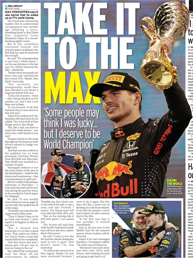  ?? ?? VICTORIOUS Max Verstappen with Red Bull boss Christian Horner after title win