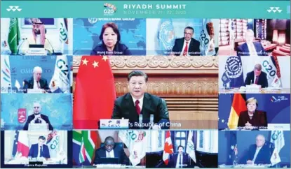  ?? RAO AIMIN / XINHUA ?? Chinese President Xi Jinping attends Session II of the 15th G20 Leaders’ Summit via video link in Beijing on Nov 22. Throughout 2020, Xi has engaged in “cloud diplomacy” through phone calls and video conference­s to advance the global fight against the COVID-19 pandemic.