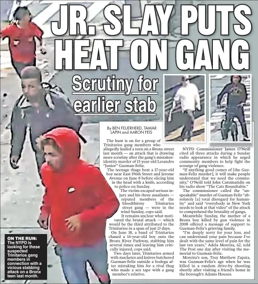  ??  ?? ON THE RUN: The NYPD is looking for these suspected Trinitario­s gang members in connection with a vicious stabbing attack on a Bronx teen last month.