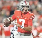  ?? KYLE ROBERTSON/COLUMBUS DISPATCH ?? Ohio State quarterbac­k C.J. Stroud grew up near the Rose Bowl and attended UCLA games as a child.
