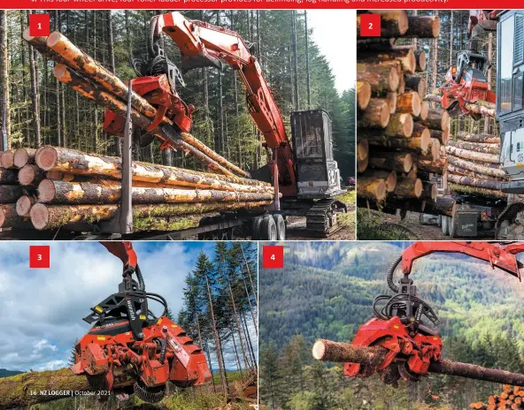  ?? ?? 1: A shorter tilt frame helps with loading trucks and improves reach with higher deck piles. Plus, the large delimb opening enables operators to grab multiple logs.
2: The multi-use head eliminates the need for extra equipment and makes efficient work on tight landings.
3: The HTH624C 4x4 LP is built with a large delimb opening for handling large single logs or multiple logs.
4: This four-wheel-drive, four-roller loader processor provides for delimbing, log handling and increased productivi­ty.
1
2
3
4