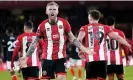  ?? ?? Sheffield United’s Oli McBurnie celebrates scoring to make it 1-1 at Bramall Lane – but the hosts would eventually lose 3-2 against Luton. Photograph: Mike Egerton/PA