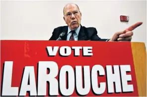  ??  ?? Larouche on the stump during the 2004 US presidenti­al campaign: in the 1980s he had been able to convince 2 million people in California to vote in favour of sending Aids sufferers to quarantine camps to die