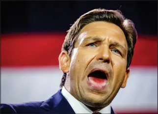  ?? SCOTT MCINTYRE / THE
NEW YORK TIMES) ?? Florida Gov. Ron Desantis speaks to supporters Nov. 8, 2022, in Tampa, Fla., after winning his race for reelection.