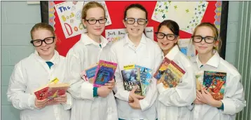  ??  ?? The Book Doctors: Clara Hughes, Hannah O’Carroll, Maggie McClean, Lucia Downing, Amy Stynes at World Book Day at St Laurence’s NS, Kindlestow­n.